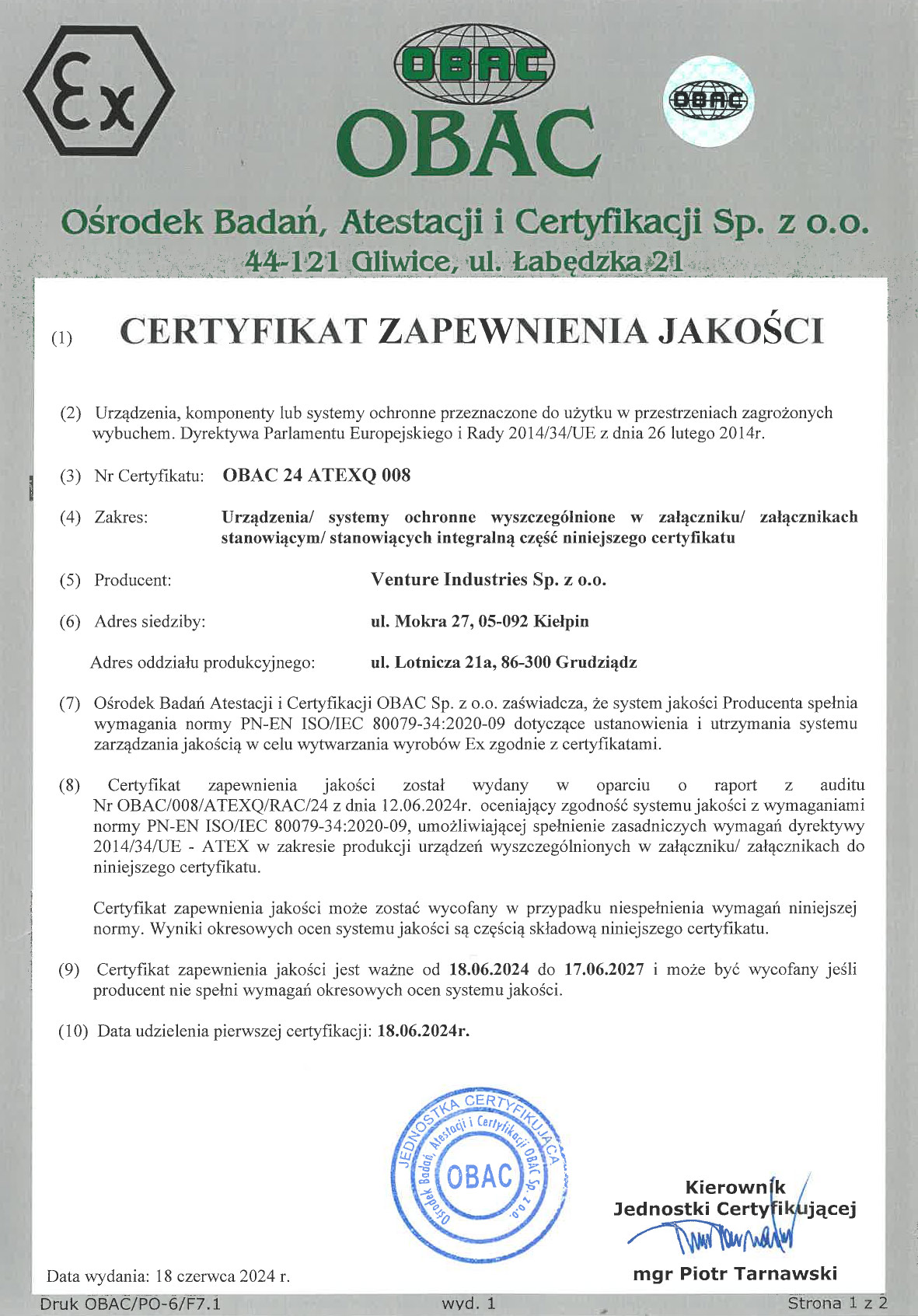 Certyfikat OBAC 24 ATEXQ